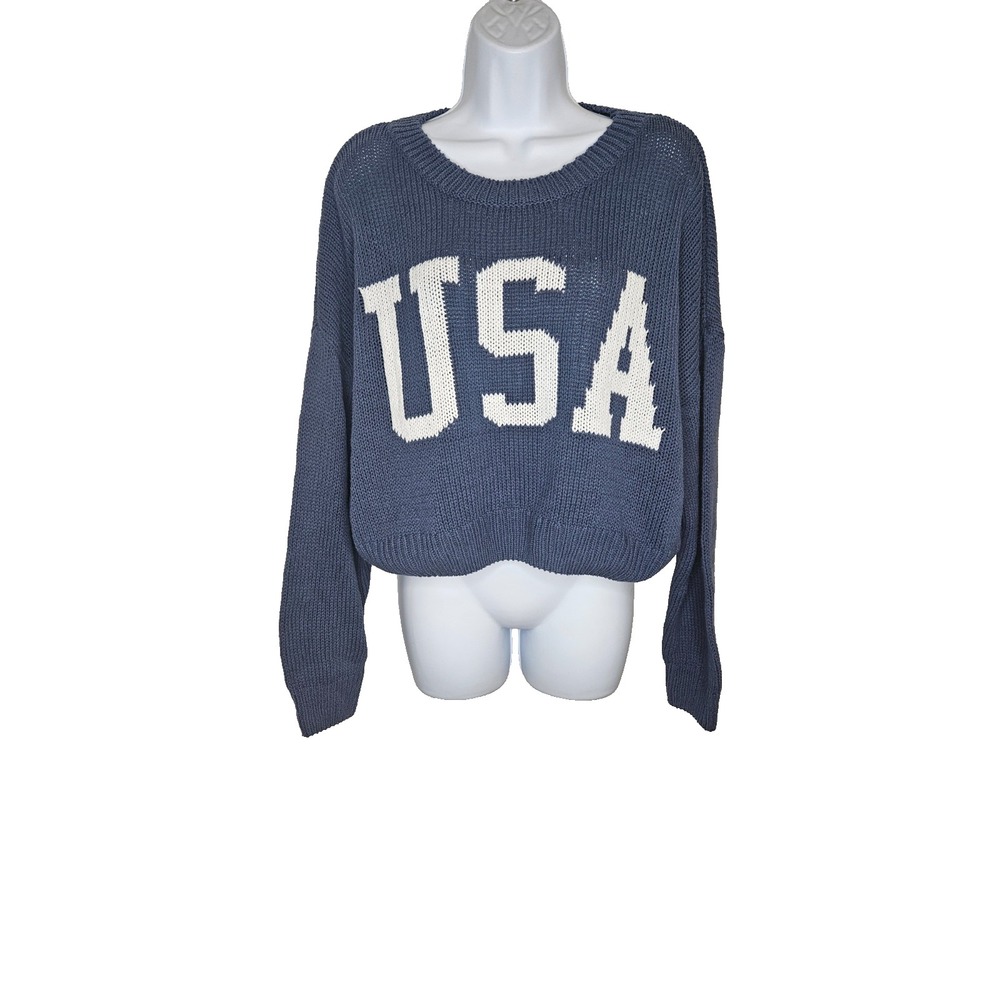 Americana Coastal Slouchy Women's Cropped Knit Sweater Blue USA Graphic XXL‎